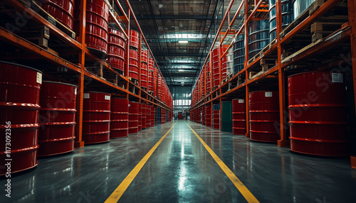 red barrels in shelves of a warehause - worms eye perspective photo