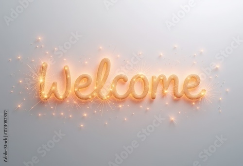 Sparkling welcome text with golden fireworks on gray background