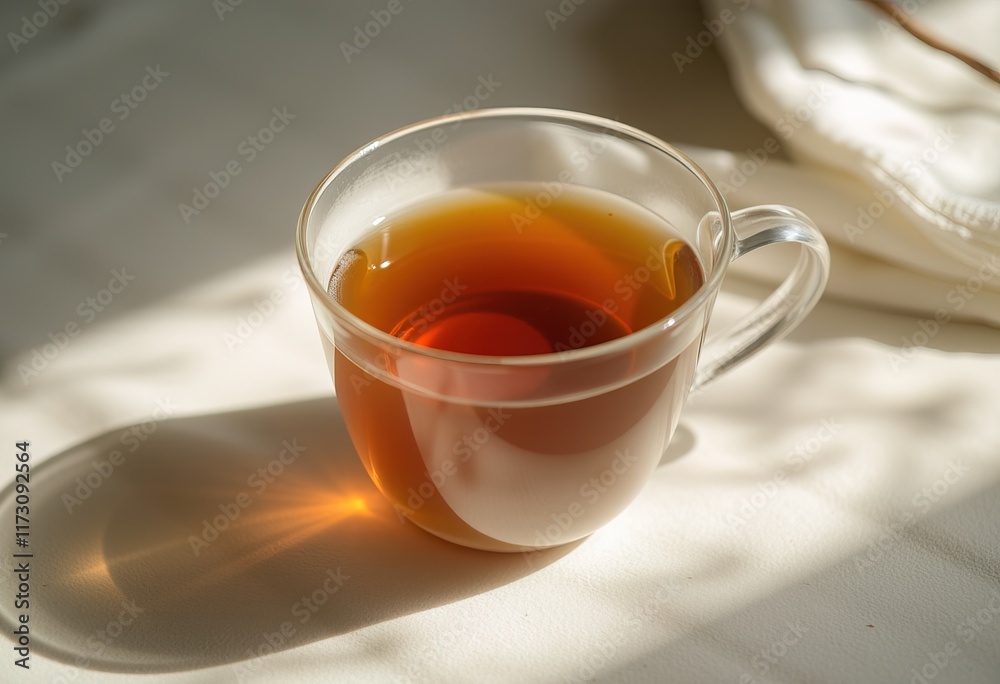 Glass cup of tea in sunlight on white surface Glass cup of tea in sunlight on white surface