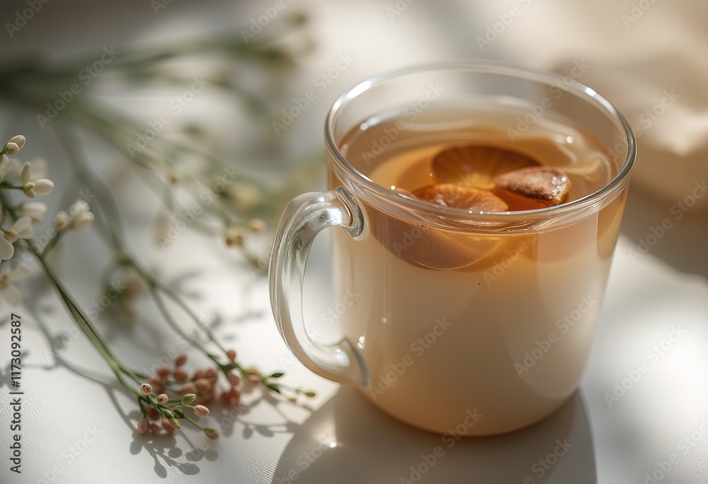 Glass cup of tea in sunlight on white surface Glass cup of tea in sunlight on white surface