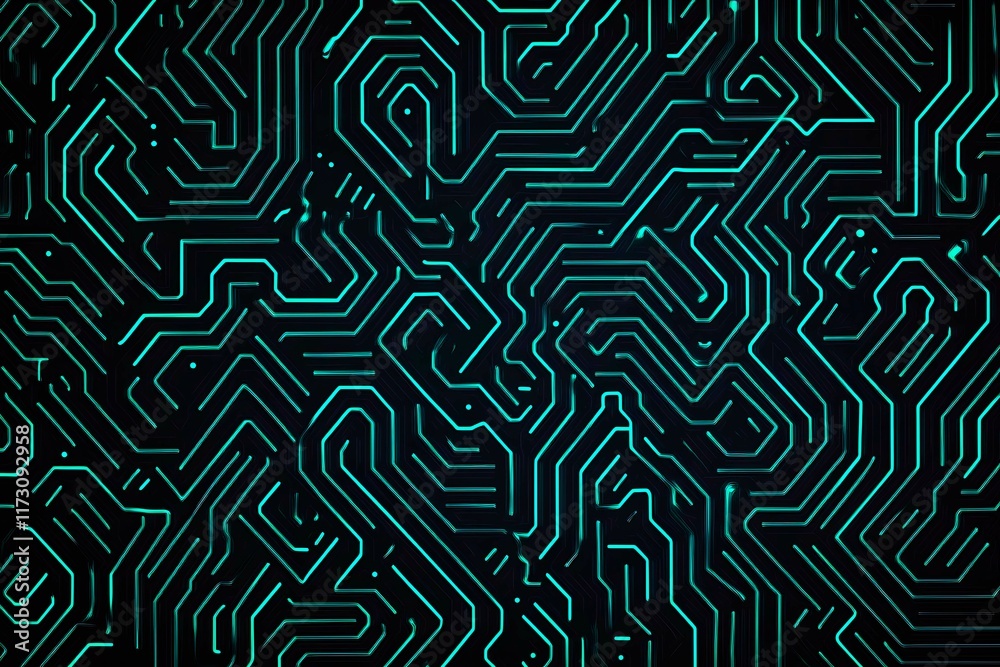 Obraz premium Abstract close-up of a glowing blue digital circuit board, showcasing intricate connections and technological design on a black background. 