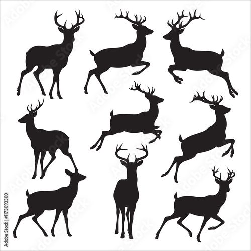 set of deer, dear head, deer with pine trees and forest scenery, Deer in nature trees forest hunting vector silhouette	