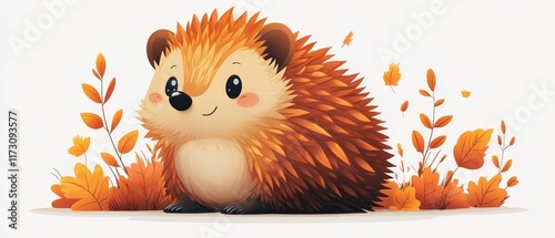 Whimsical Illustration of a Smiling Hedgehog with Autumn Leaves