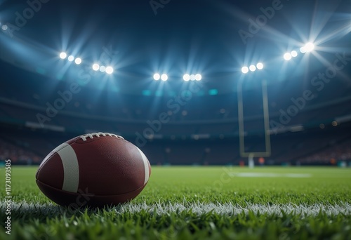 American football on green field under stadium lights