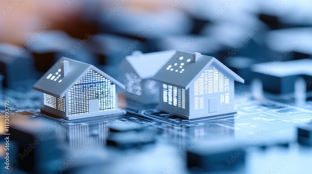 Digital Transformation in Real Estate with House Models on Circuit Board Background