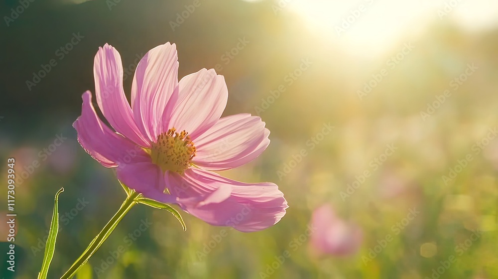Obraz premium Pink cosmos flower in sunset light, close-up.