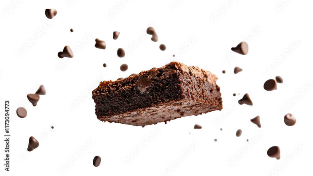 Delicious chocolate brownie surrounded by scattered chocolate chips, capturing a moment of indulgence and dessert bliss in a vibrant setting.