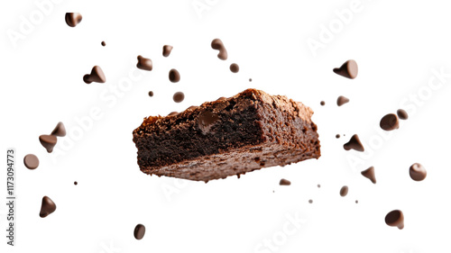 Obraz na płótnie Delicious chocolate brownie surrounded by scattered chocolate chips, capturing a moment of indulgence and dessert bliss in a vibrant setting. w salonie