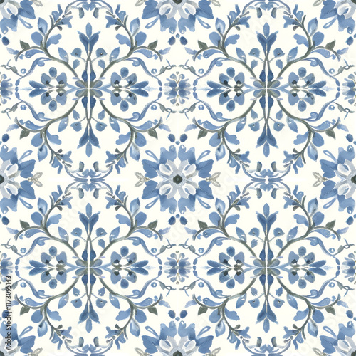 Seamless floral pattern illustration in blue and white, elegant design, seamless textile background photo