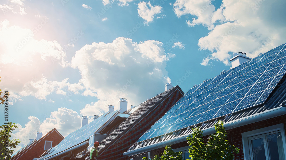 Fototapeta premium A serene solar panel installation site with engineers fitting panels on rooftops, workers wiring inverters, and a bright, sunny backdrop emphasizing sustainable energy solutions and renewable power
