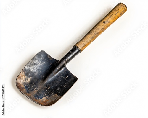 Gardening Shovel with Wooden Handle and Moderately Rusty Metal Blade photo