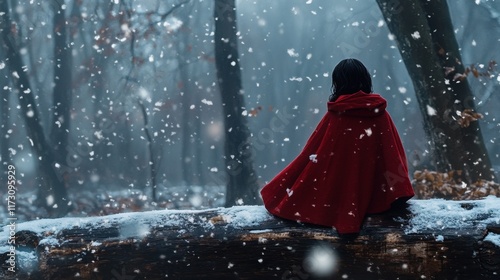 A young girl wearing a red cloak sitting on a fallen log in the snow, her expression calm as she watches the snowfall around her. photo