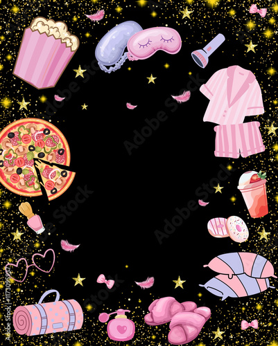 sleepover invite pajama party invitation card holiday sleep over bed beautiful pajamas child friends pyjamas bedding friendship night poster background illustration