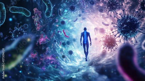 Abstract human microbiome background banner panorama long - Close up of man and microbes viruses, bacteria and mushrooms, genetic material texture, intestinal flora, microflora 