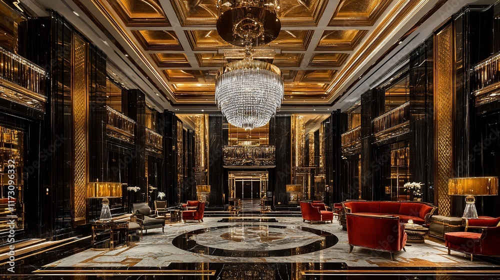 Obraz premium Luxurious hotel lobby with grand chandelier, marble floor, and opulent furnishings.