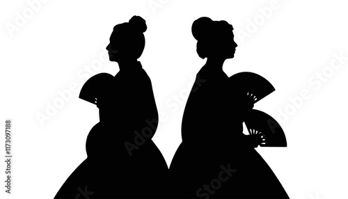 Elegant silhouettes of two women in traditional dress holding fans in a minimalist style