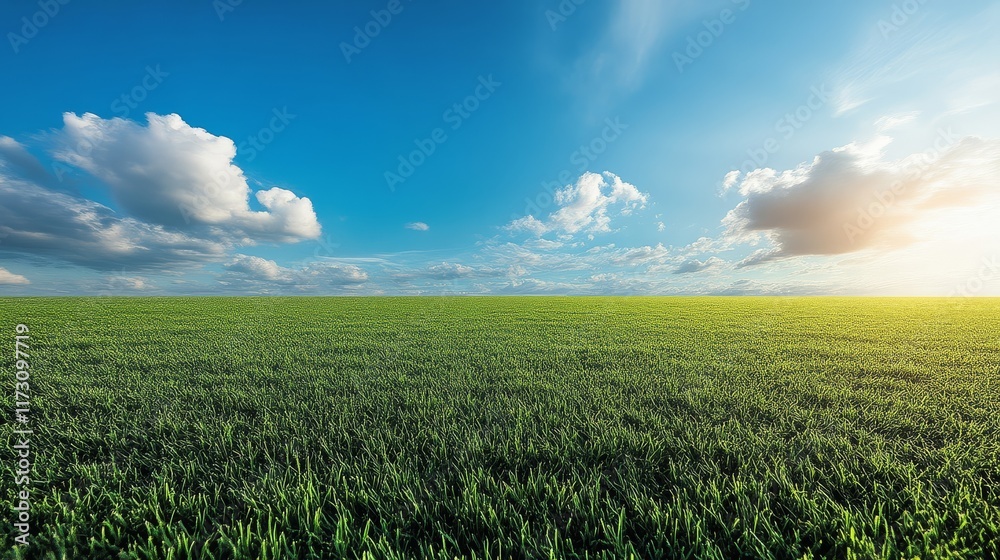 A serene landscape featuring a lush green field under a bright blue sky adorned with fluffy clouds and a warm sunlit horizon. A serene landscape featuring a lush green field under a bright blue sky adorned with fluffy clouds and a warm sunlit horizon.