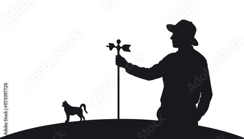 Farmer stands with a weather vane beside a curious cat on a serene hillside at sunset