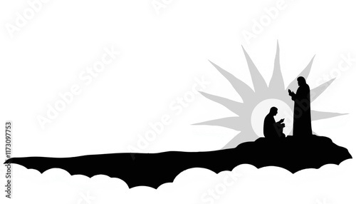 Silhouetted figures in prayer on a mountain against a radiant sunrise backdrop inspiring peace and serenity