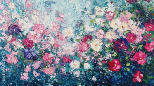 Closeup of abstract rough colorful multicolored organic floral spring flowers art painting texture, with oil acrylic brushstroke, pallet knife paint on canvas wallpaper