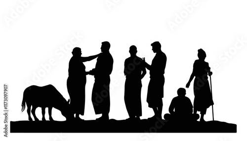 Silhouettes of rural life showcasing a gathering of individuals interacting in harmony at dusk near a grazing cow