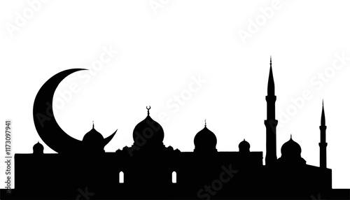 Silhouette of a majestic mosque at dusk with a crescent moon illuminating the skyline