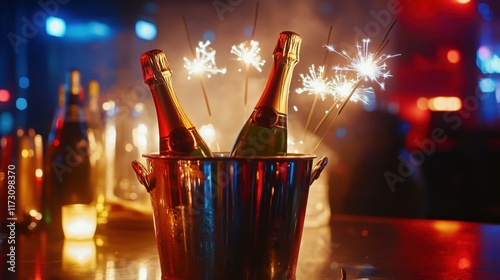 New Year, New Year's eve silvester or other celebration party background - Champagne sparkling wine bucket with champagne bottle and sparklers in a club disco bar or restaurant 