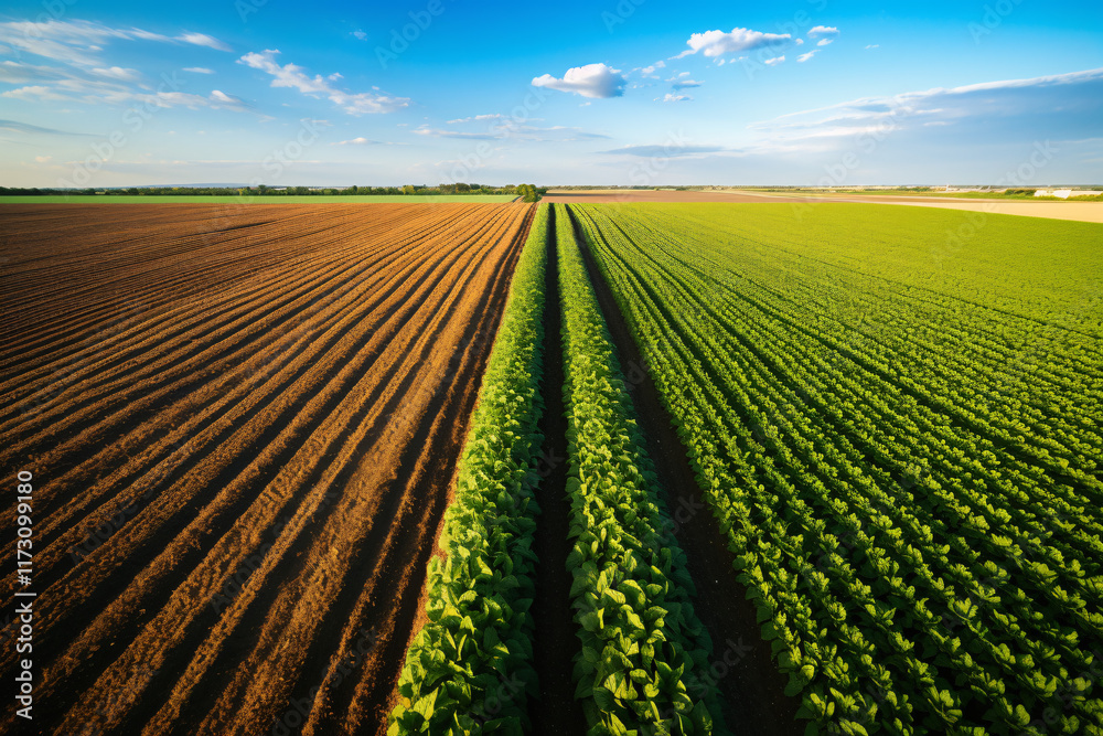 Aerial View of Distinct Agricultural Fields with Vibrant Green Crop Rows and Brown Tilled Land under a Bright Blue Sky with Fluffy Clouds Aerial View of Distinct Agricultural Fields with Vibrant Green Crop Rows and Brown Tilled Land under a Bright Blue Sky with Fluffy Clouds