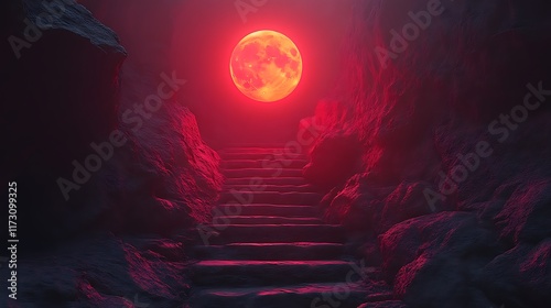 Red Moonlit Staircase Ascending Through Dark Rocky Cliffs photo