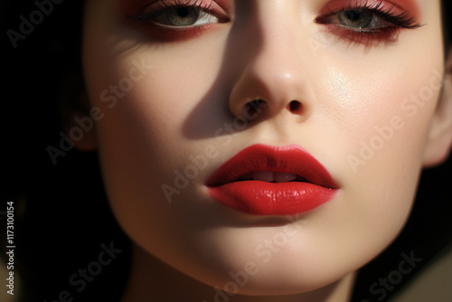 Close-Up Portrait of a Beautiful Woman with Striking Makeup Featuring Bold Red Lips and Elegant Eyes in Soft Natural Lighting
