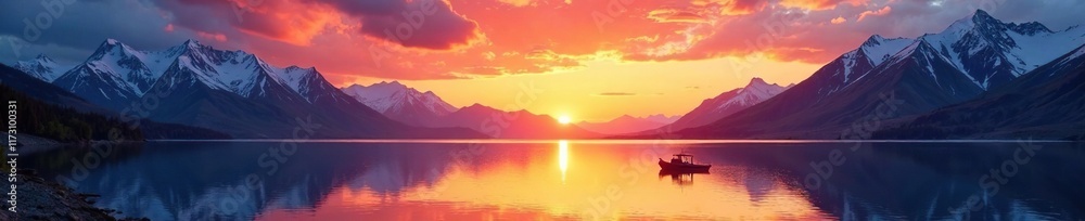 Sunset over Lake Shavlinskoe casts a warm glow on the surrounding mountains and glaciers, lake, sunrise, serene atmosphere Sunset over Lake Shavlinskoe casts a warm glow on the surrounding mountains and glaciers, lake, sunrise, serene atmosphere