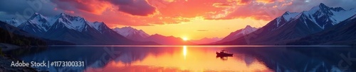 Sunset over Lake Shavlinskoe casts a warm glow on the surrounding mountains and glaciers, lake, sunrise, serene atmosphere