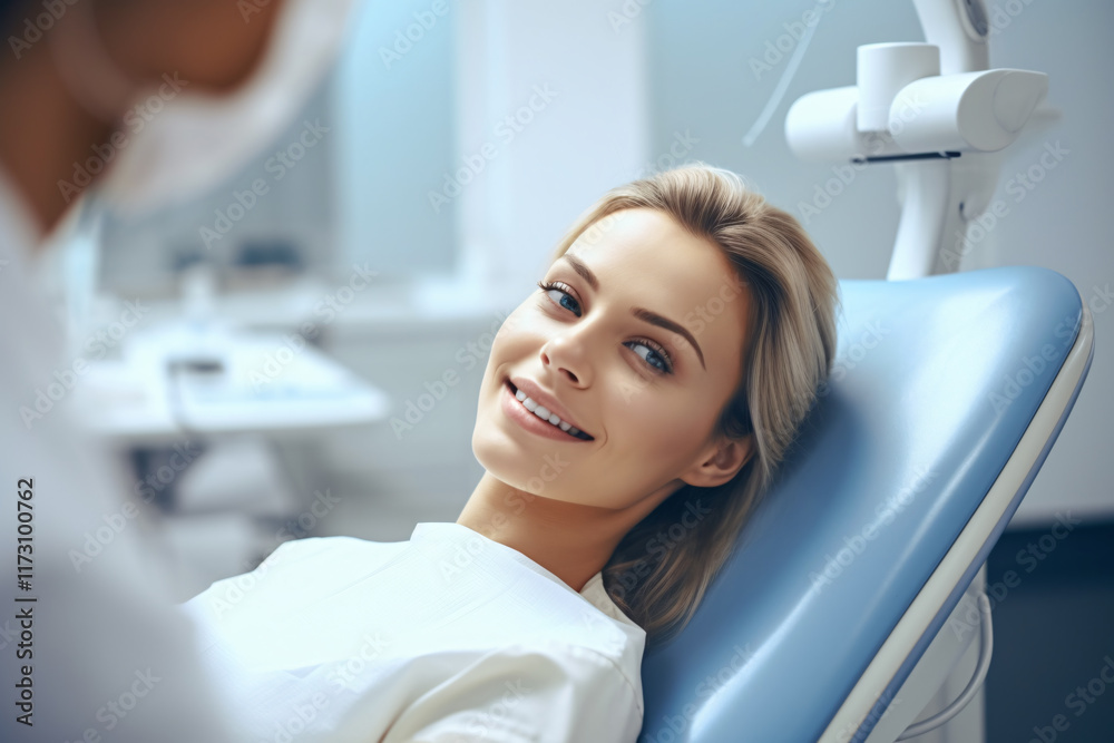 A Smiling Female Patient Relaxing in a Modern Dental Clinic Chair with a Dental Professional in Background Preparing for Examination A Smiling Female Patient Relaxing in a Modern Dental Clinic Chair with a Dental Professional in Background Preparing for Examination