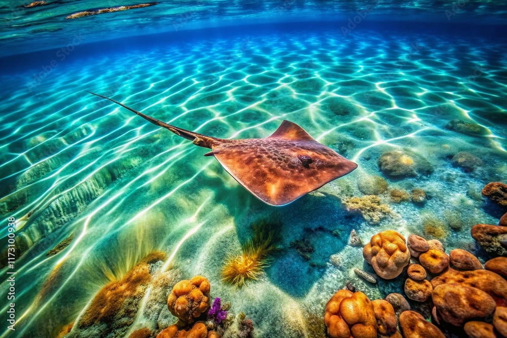 Fototapeta premium Aerial View of Marbled Electric Ray in Ocean Habitat - Drone Photography