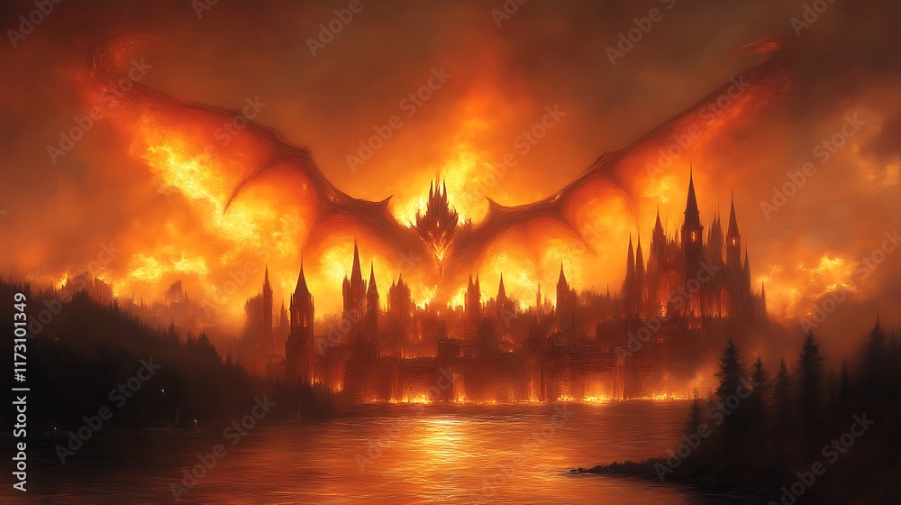 Obraz premium Fiery dragon attacks gothic castle.
