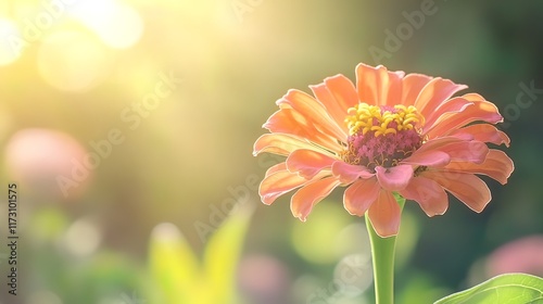 Single peach zinnia flower in sunlight, soft focus background. photo