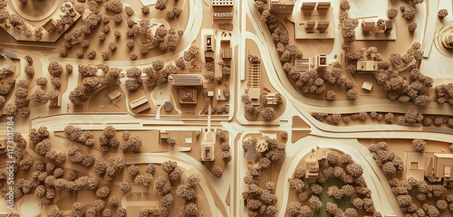 A top down view of an elaborate cardboard city map, featuring roads, buildings, and parks in high detail and precision.
