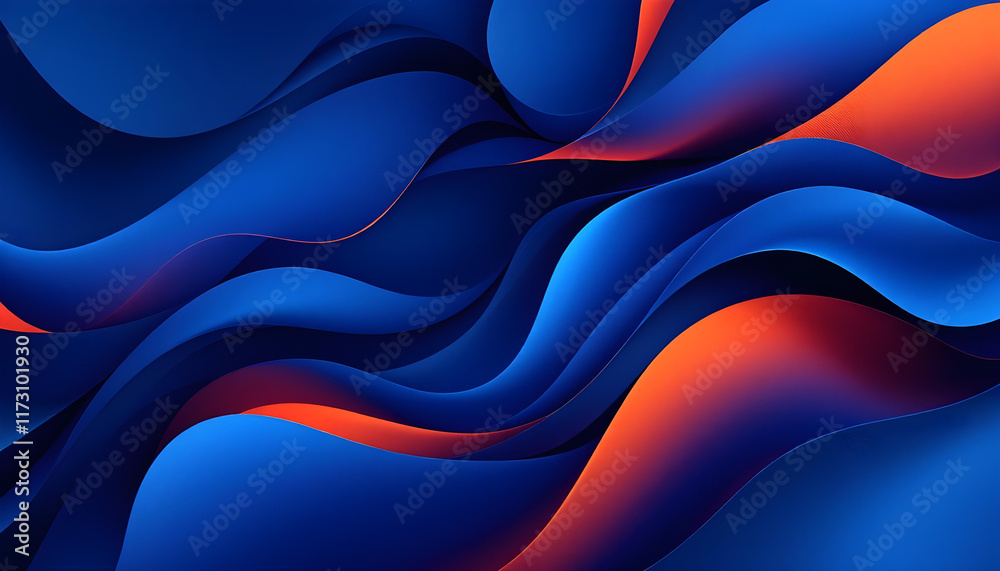 Fototapeta premium Abstract waves with deep blue and vibrant orange glow, featuring smooth curves and futuristic texture. Perfect for background and wallpaper designs, emphasizing contrast, flow, and modern aesthetics.