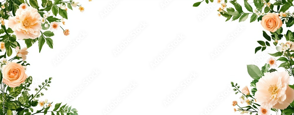 Elegant White Floral Border with Lush Greenery on Minimalist Background, White floral arrangement background, Green leaves Elegant White Floral Border with Lush Greenery on Minimalist Background, White floral arrangement background, Green leaves