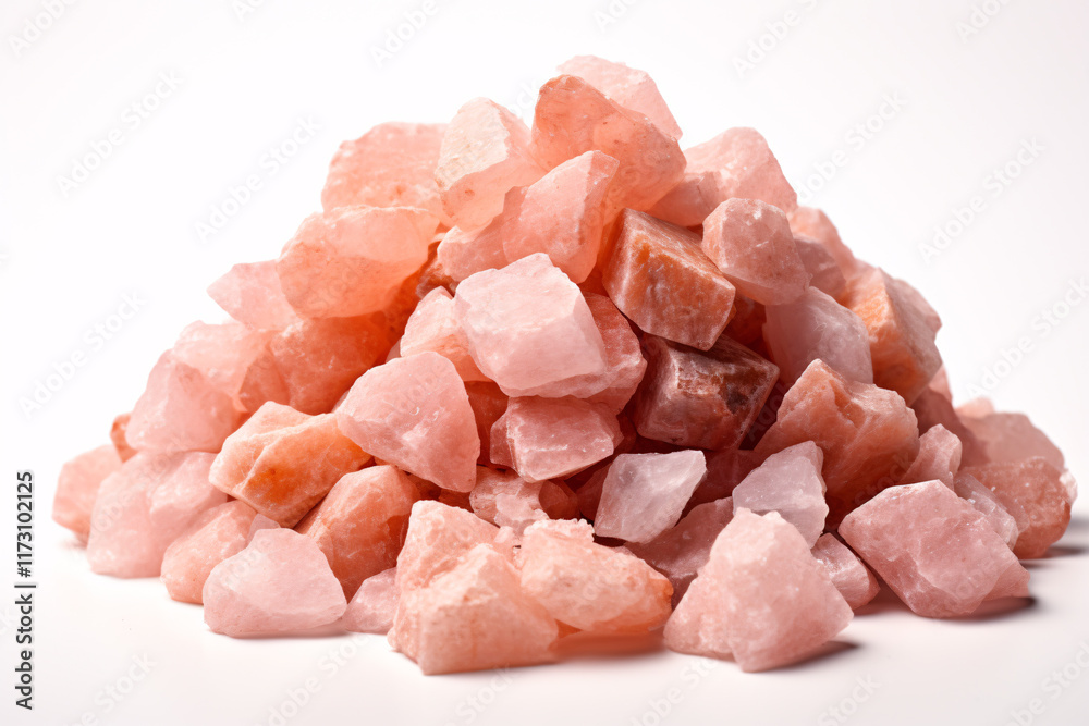 Natural Pink Rock Salt Crystals Piled on a White Background, Ideal for Culinary, Aesthetic and Health Uses Featuring Accent Colors of Light Pink and Orange Natural Pink Rock Salt Crystals Piled on a White Background, Ideal for Culinary, Aesthetic and Health Uses Featuring Accent Colors of Light Pink and Orange