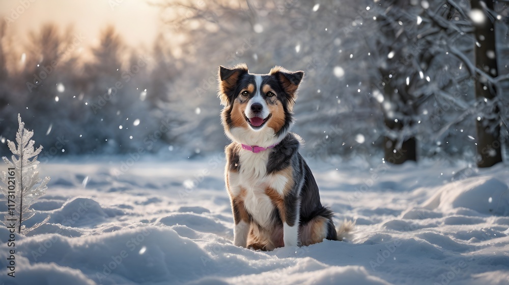 Serene and adorable dog sitting or standing in a snowy winter wonderland, surrounded by gently falling snowflakes, with a soft warm light casting a gentle glow on the snow Serene and adorable dog sitting or standing in a snowy winter wonderland, surrounded by gently falling snowflakes, with a soft warm light casting a gentle glow on the snow