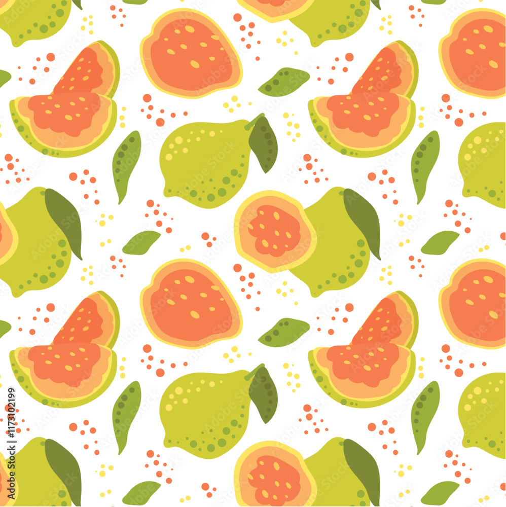 Guava pattern in flat style. Tropical, delicious fruit seamless pattern. Vector background. Summer freshness for health. For background, fabric, juice, ice cream or packaging. Guava pattern in flat style. Tropical, delicious fruit seamless pattern. Vector background. Summer freshness for health. For background, fabric, juice, ice cream or packaging.