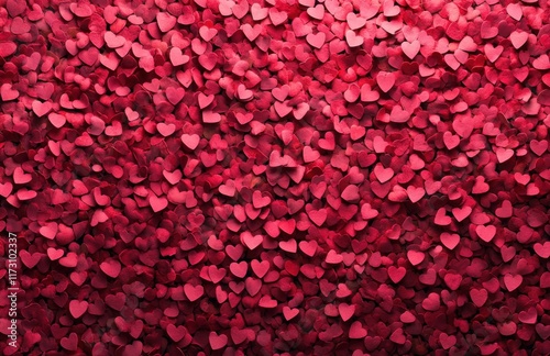 A digital art wallpaper of red heart confetti scattered across the canvas, creating an intricate pattern with each small paper cut-out symbol representing love and affection.