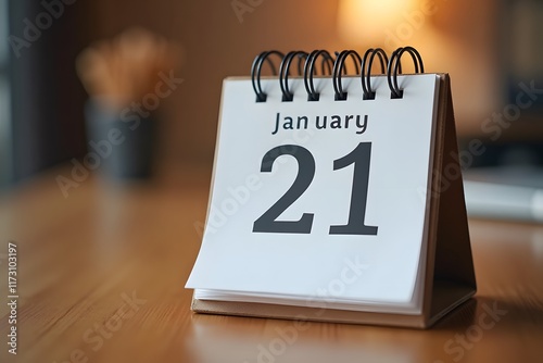 A calendar page flipping to January 21 , set in a cozy desk scene. photo