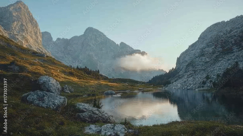 Serene Mountain Lake at Sunrise: A Breathtaking Alpine Vista Serene Mountain Lake at Sunrise: A Breathtaking Alpine Vista