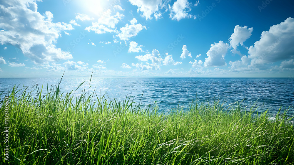 A serene landscape featuring lush grass by the ocean under a bright blue sky with fluffy clouds.