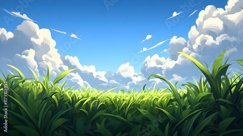 A vibrant landscape featuring lush green grass against a bright blue sky with fluffy clouds, evoking a sense of tranquility and nature.