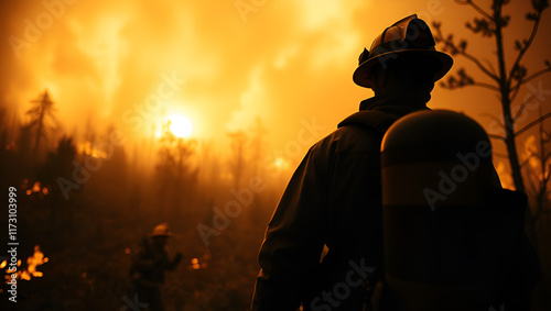 Dramatic silhouette of American firefighter in full gear exploring the huge fire zone. Shot with 2x anamorphic lens photo