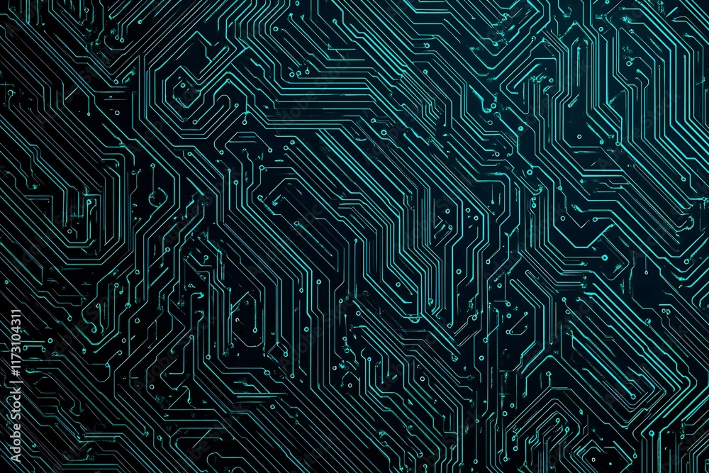 Abstract close-up of a glowing blue digital circuit board, showcasing intricate connections and technological design on a black background.
