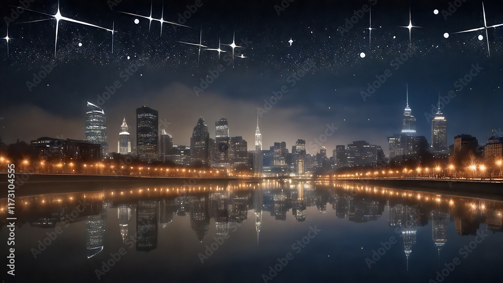 Fototapeta premium Urban nightscape mirrored in still water.